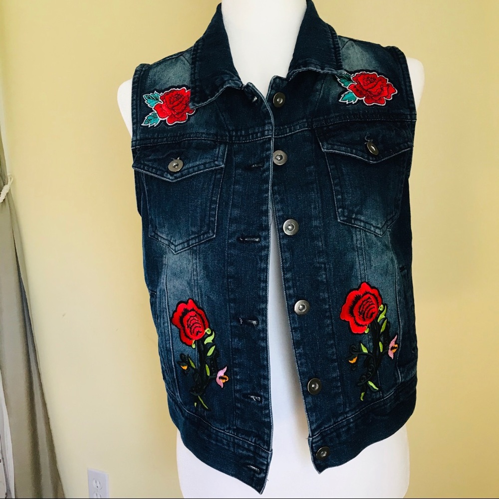 Red Tulips Denim Vest Embroidered Flower Patches